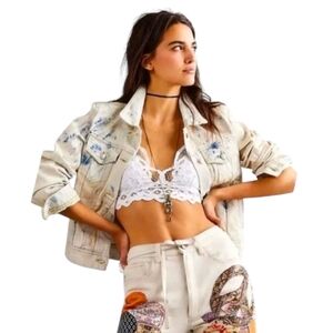Free People Rumors Jones Tie‎ Dye Jean Jacket Blue White Denim 100% Cotton